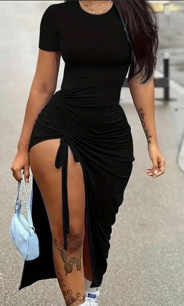 Solid Color Drawstring Split Design Bodycon Dress