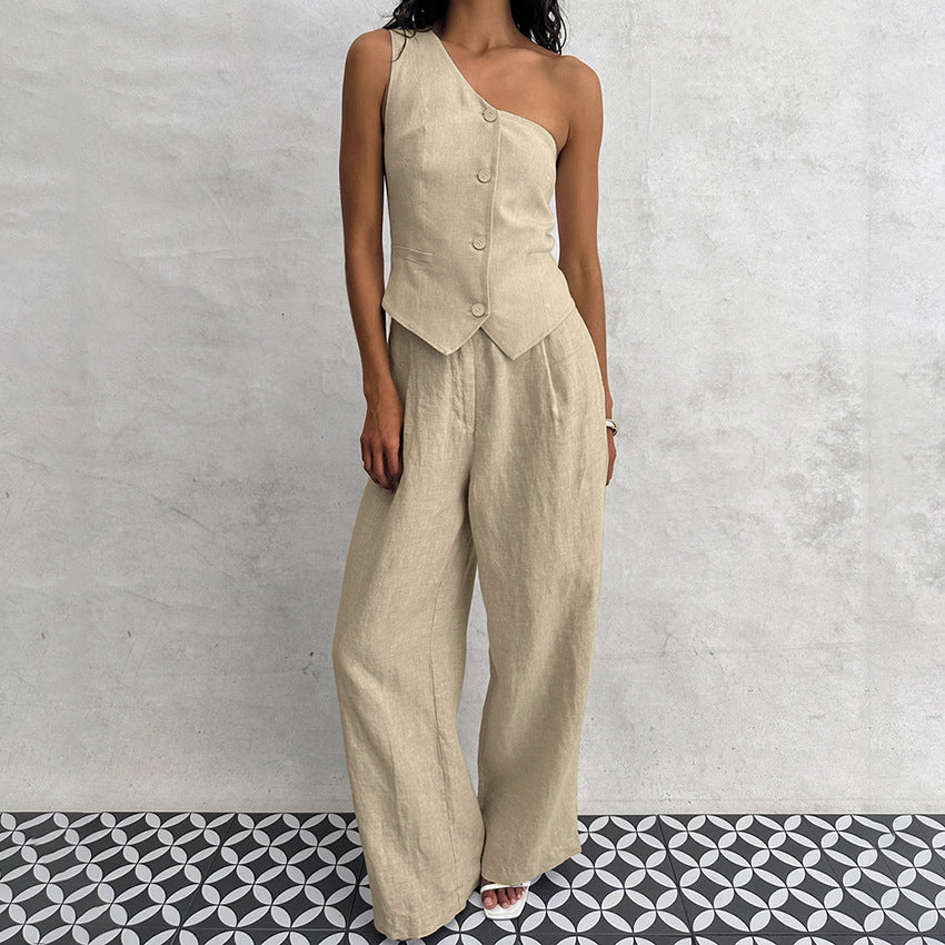 Cotton Linen Sleeveless Irregular Collar vest and pants