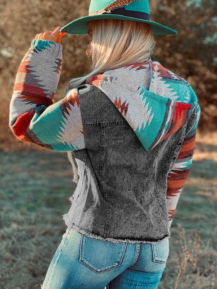 Cool Western Style Denim Stitching Hooded Jacket Multi-color Printed Frayed Hem Jacket