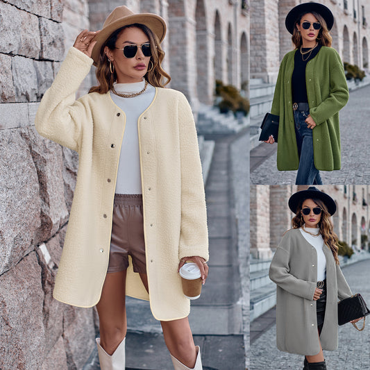 Thick Solid Color Round Neck Single-breasted Long Sleeve Coat