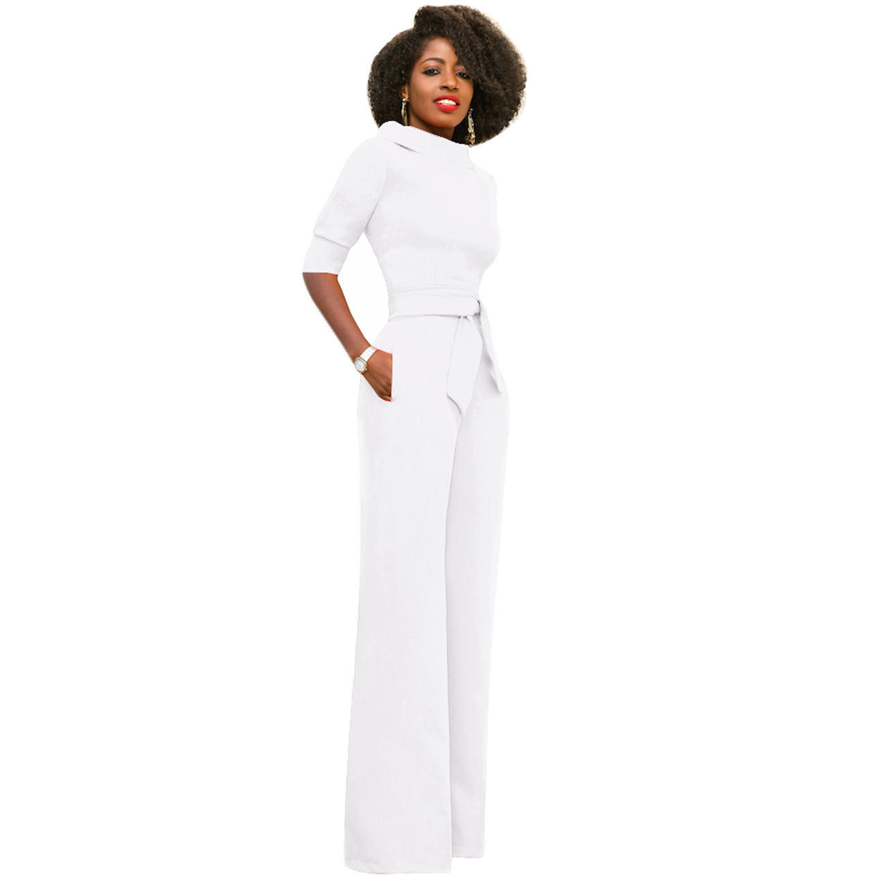 Solid Color Five Quarter Sleeve High Waist Wide Leg Jumpsuit