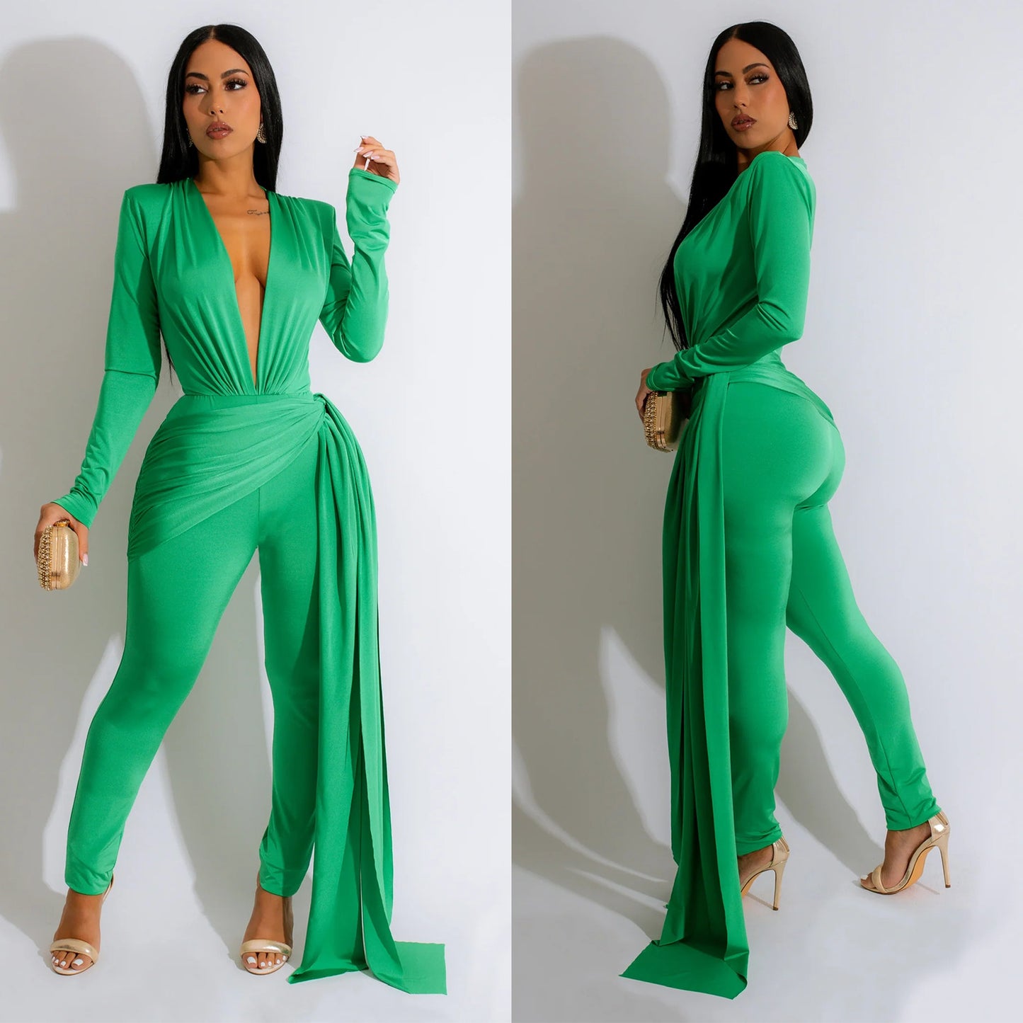 Women's Fashion Skinny V-neck Long Sleeve Jumpsuit