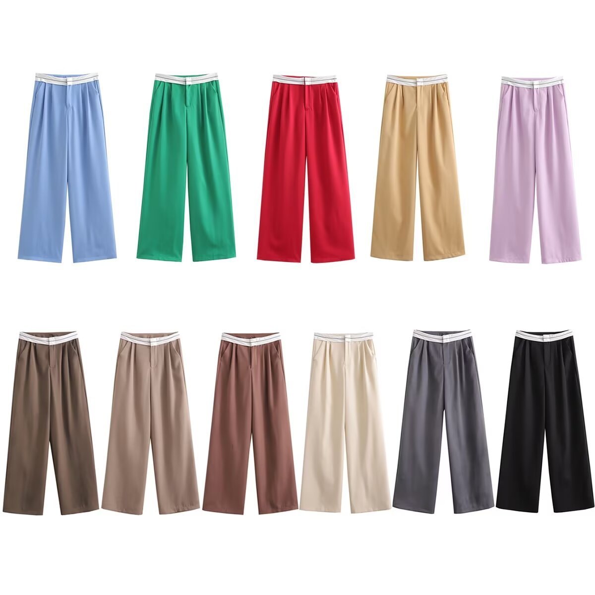 Multi-color High Waist Straight Solid Color Contrast Color Casual Trousers