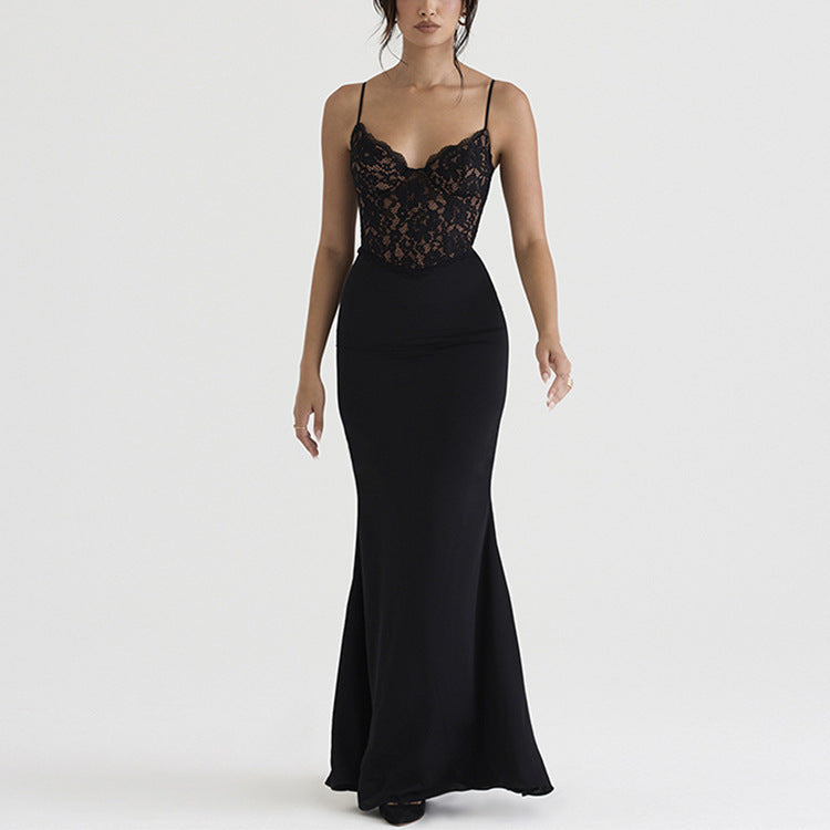 Lace High Waist Long Deep V Strap Fishtail Gown