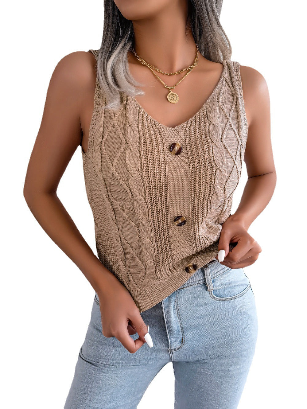 V-neck Buttons Plait Cardigan Knitwear