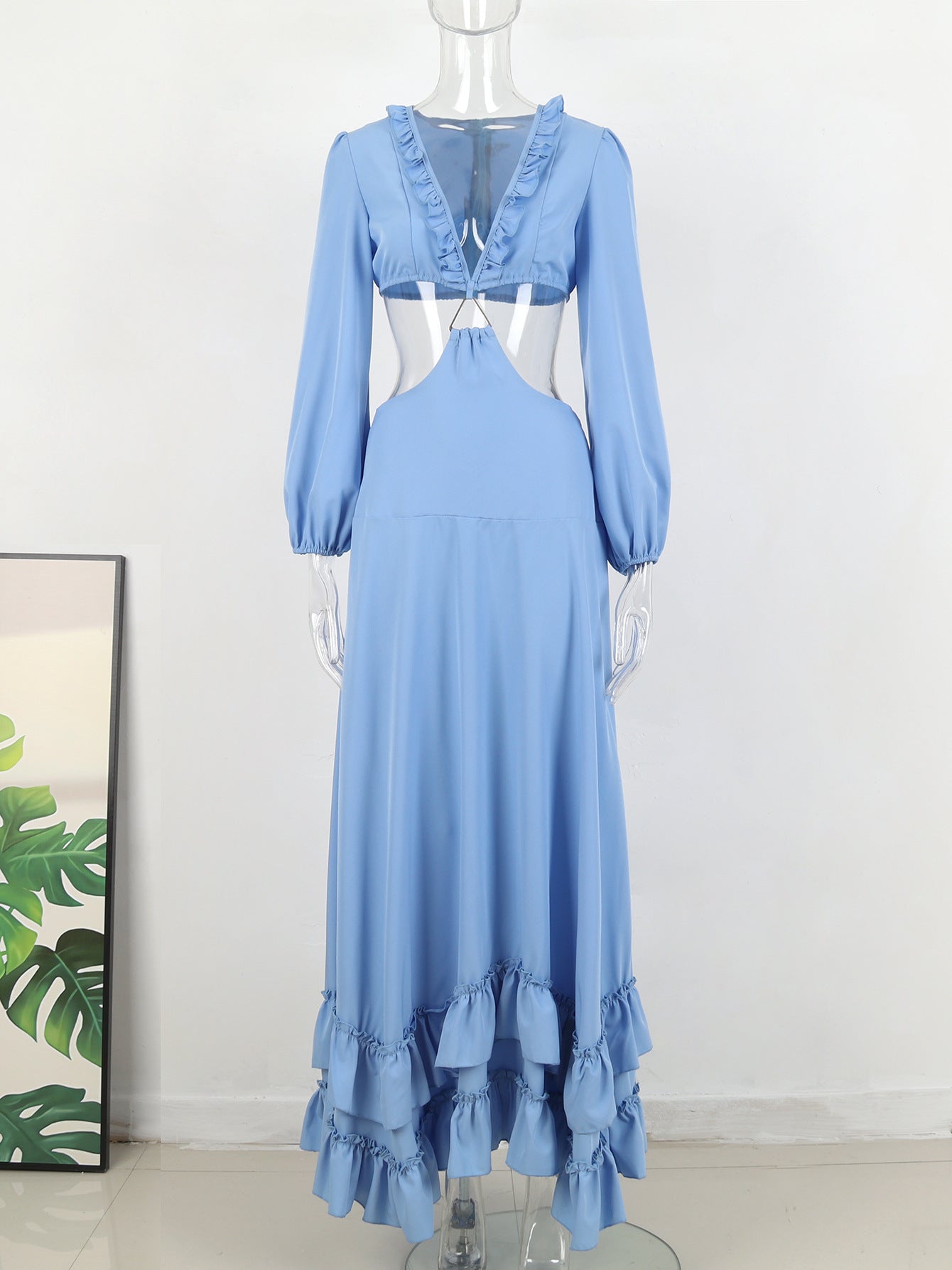 Blue Deep V-neck Midriff Outfit Women's Long Sleeve Long Dress