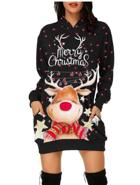 Christmas Women's Casual Elk Printing Long Sleeve Pocket Hooded Sweater Loose Dress