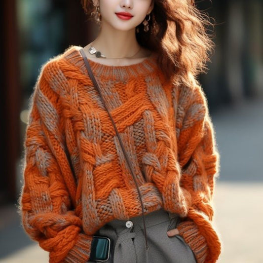 Orange Classic Style Thick Thread Sweater For Women