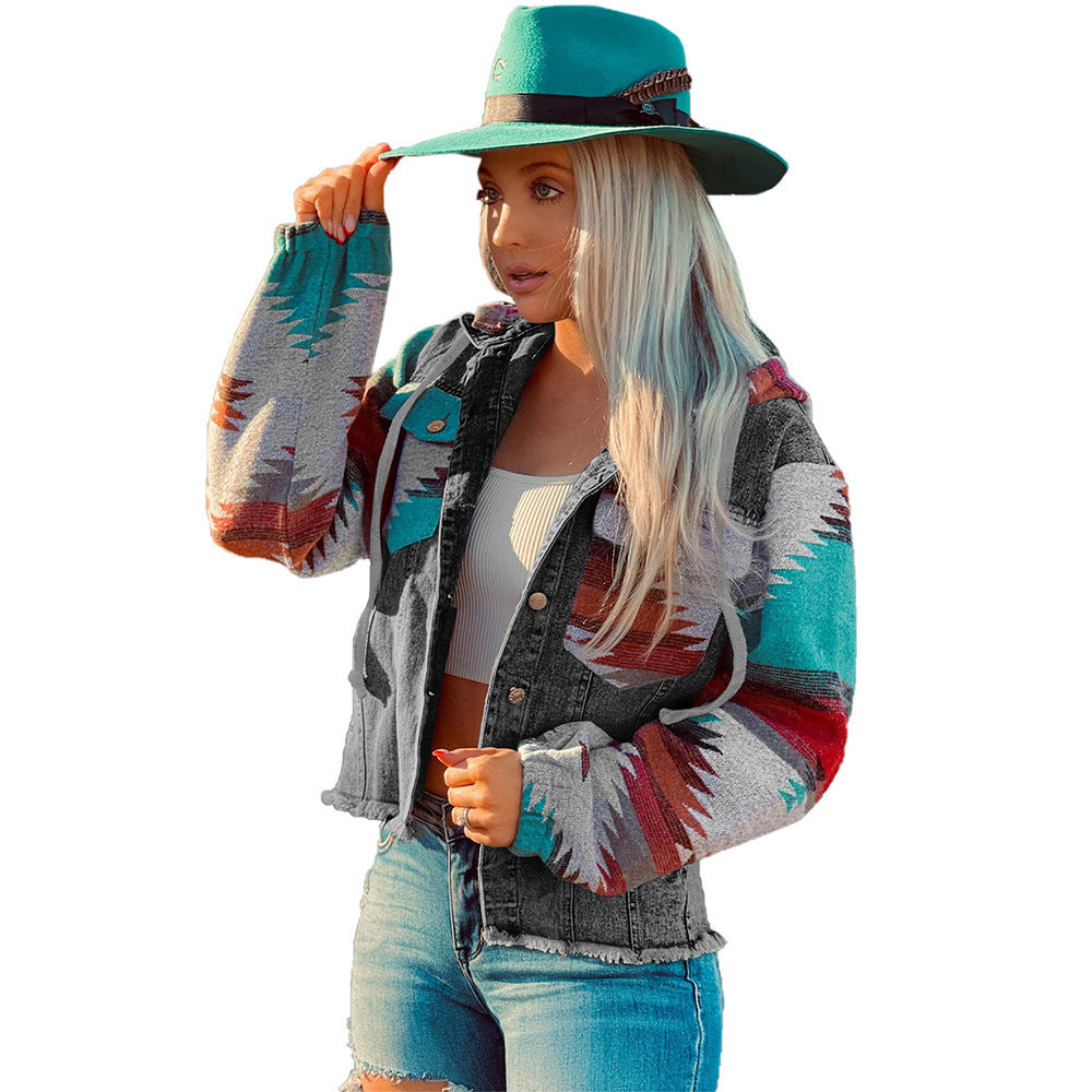 Cool Western Style Denim Stitching Hooded Jacket Multi-color Printed Frayed Hem Jacket