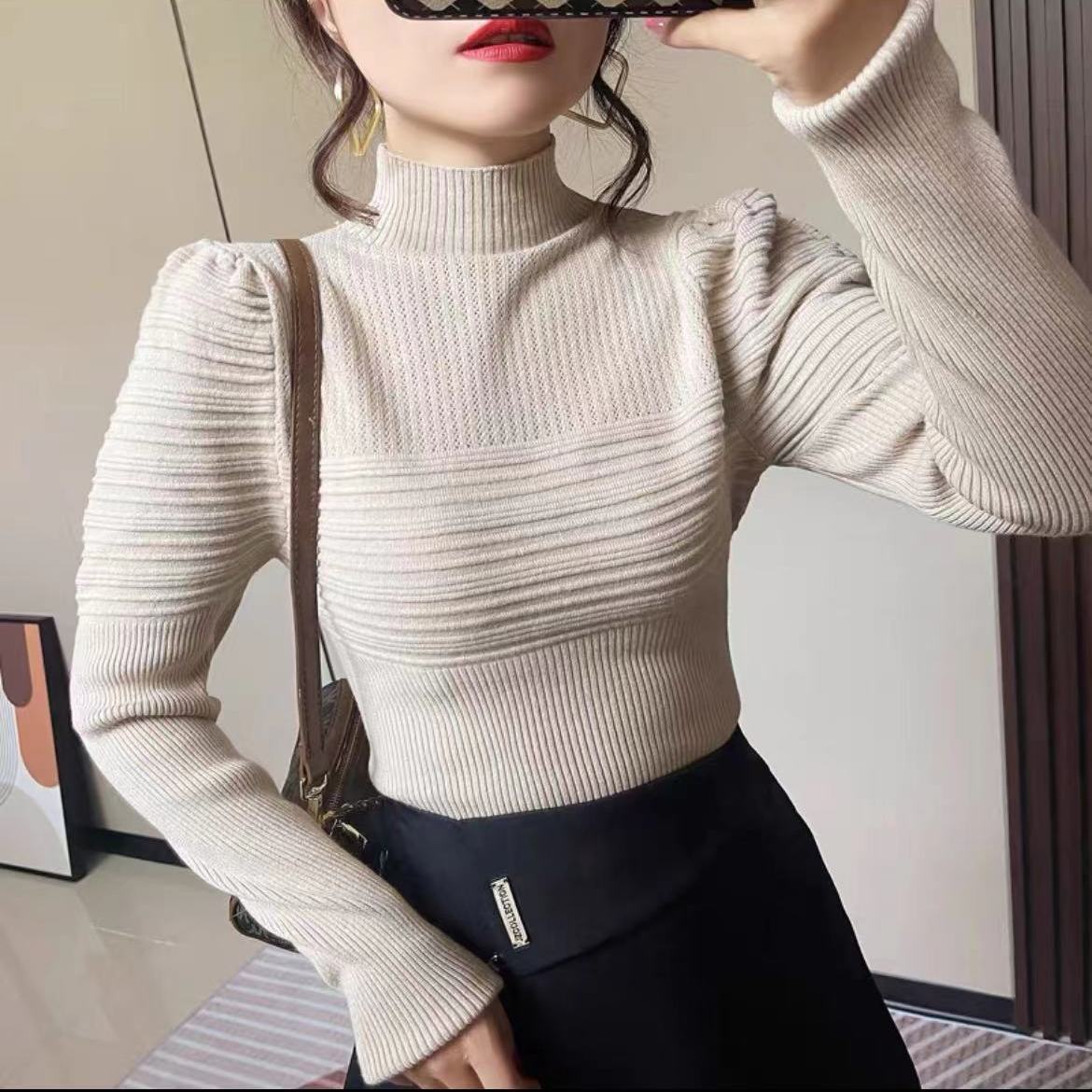 Half Turtleneck Slimming Puff Sleeve Sweater