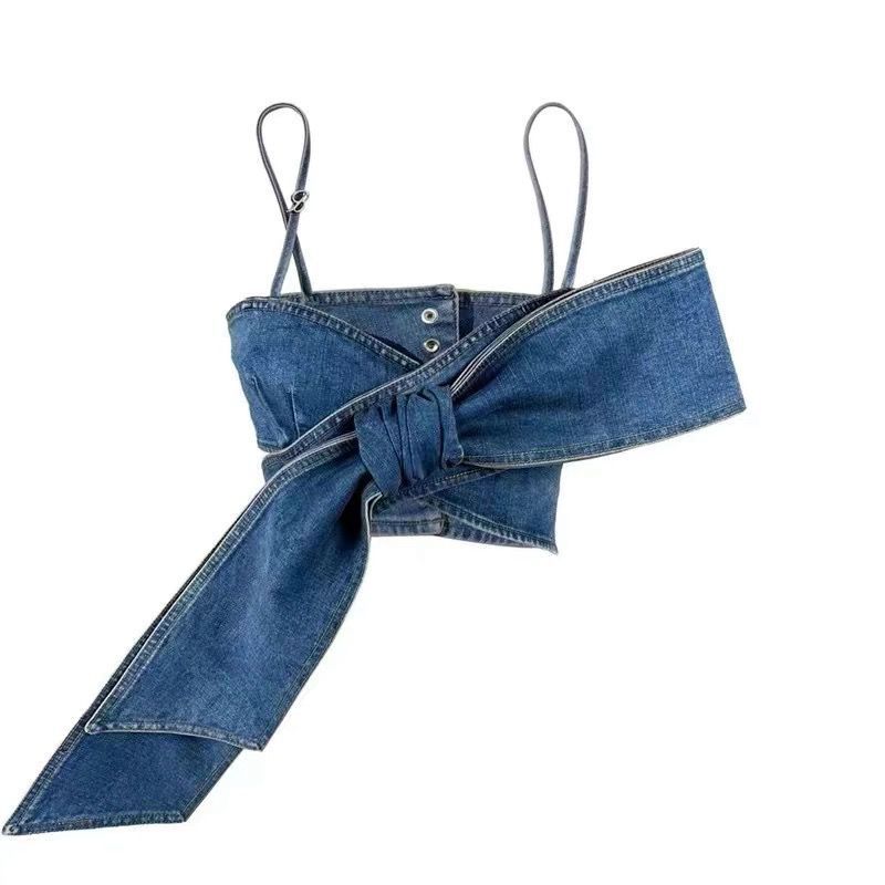 Sexy Sweet Cool Bow Tie Denim Ultra Short Bandeau Sling top