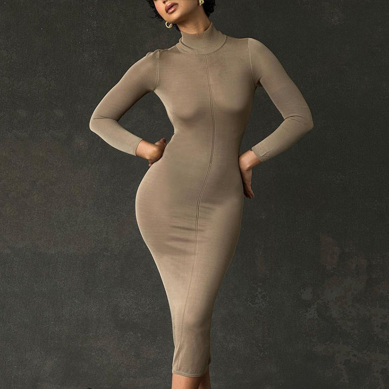 Busty Knitted Half-turtleneck Tight Backless Dress