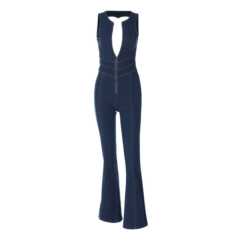 Backless Retro Style High Waist Denim Jumpsuit