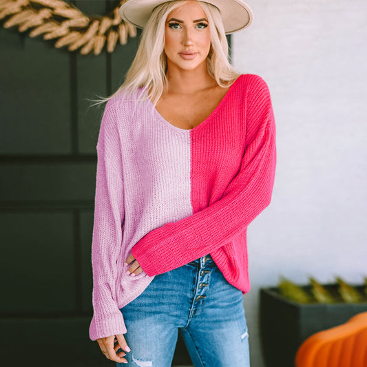 Women's Contrast Color V-neck Long-sleeved Pullover