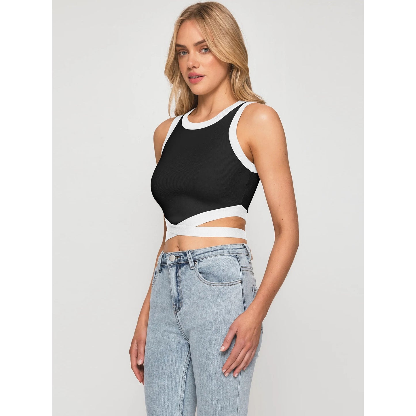 Short Cropped Cropped Tied Top Contrast Color Shirt