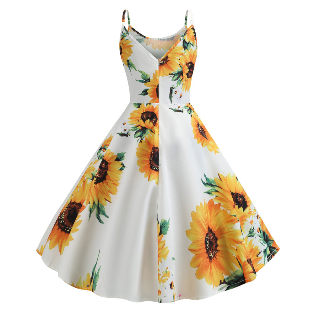 Suspender Sunflower Print Swing Dress