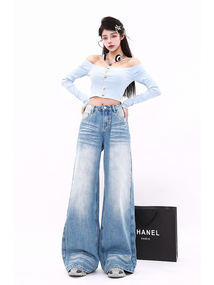 Narrow High Waist Straight Mop Denim Pants