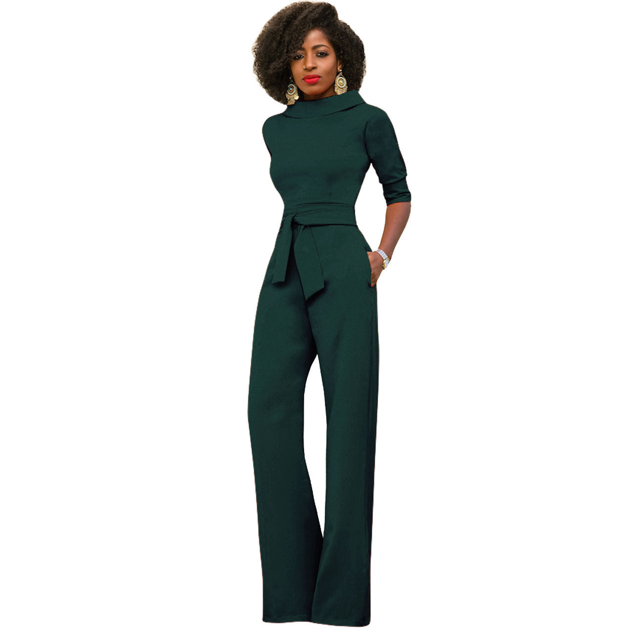 Solid Color Five Quarter Sleeve High Waist Wide Leg Jumpsuit