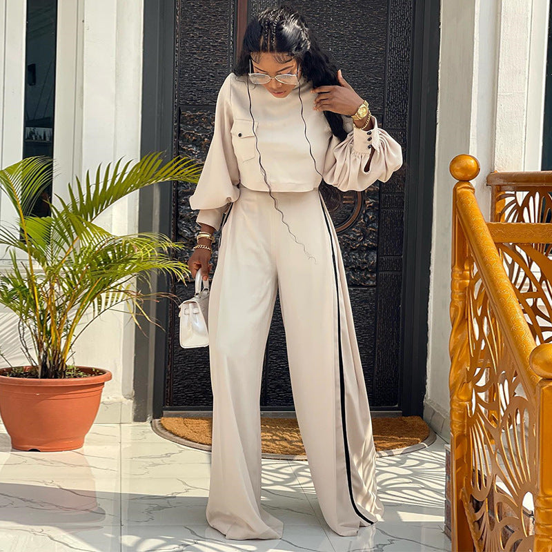 Women's Fashion Casual Half-high Collar Long Sleeves Top Wide Leg Pants Suit