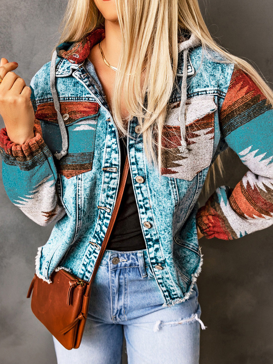 Cool Western Style Denim Stitching Hooded Jacket Multi-color Printed Frayed Hem Jacket