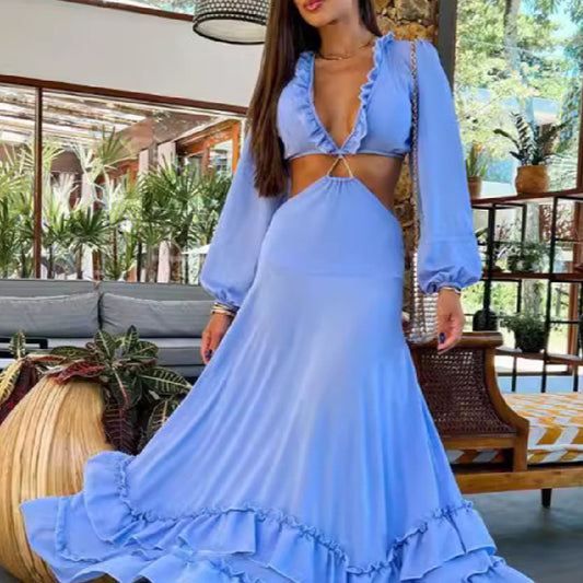 Blue Deep V-neck Midriff Outfit Women's Long Sleeve Long Dress