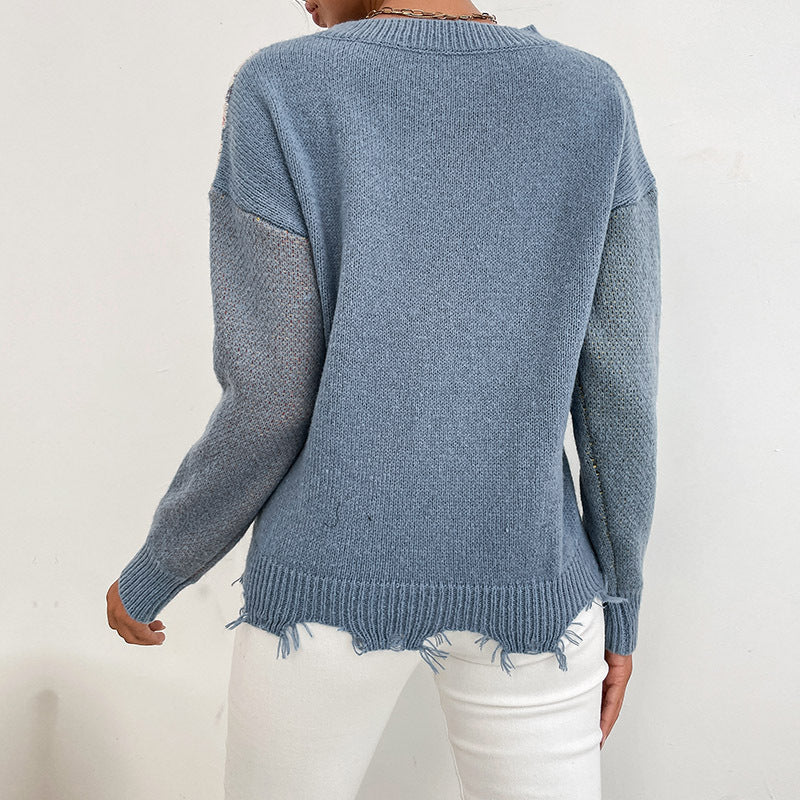 Knitted Blue Hedging Flower Brocade Sweater