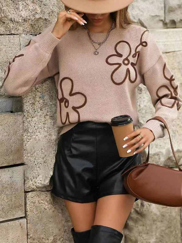 Solid Color Flower Jacquard Knitted Sweater