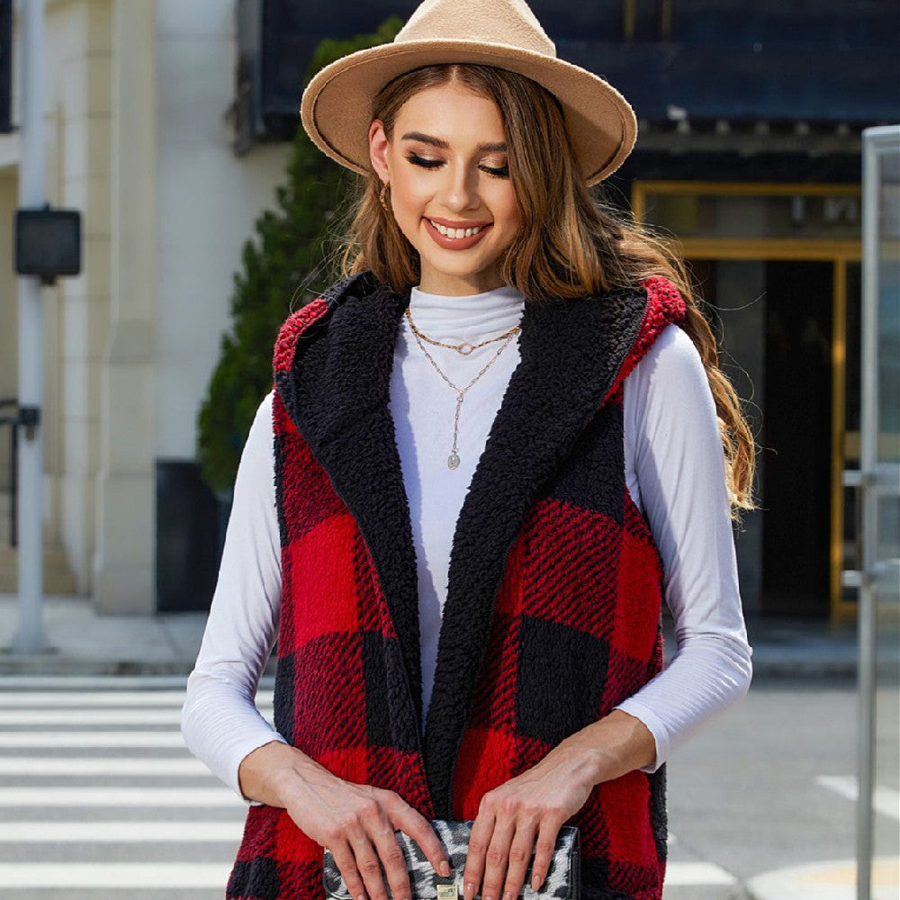 Cardigan Plaid Plush Vest Coat