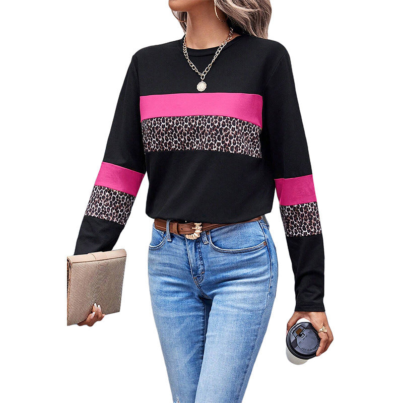 Leopard Print Color-block Crew Neck Pullover Women