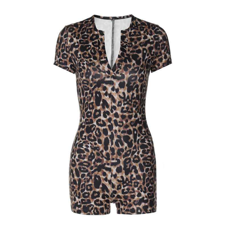 Leopard Print Short Sleeve V-neck Fashion Skinny Jumpsuit