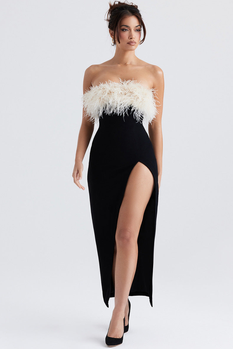 Off-shoulder Contrast Color Ostrich Hair Tube Top High Slit Bandage One-piece Dress