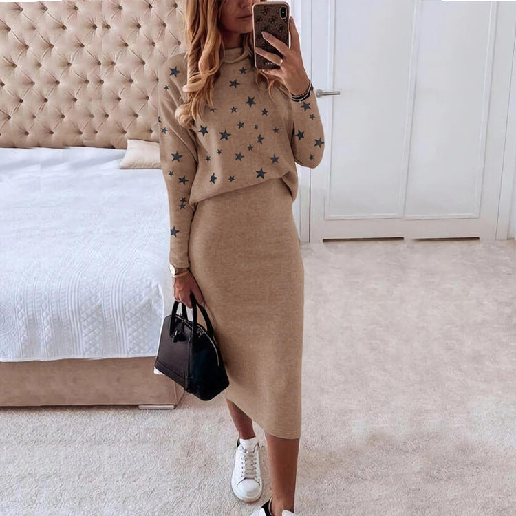 European And American Long Sleeve Printed Turtleneck Tight Casual Hip Skirt