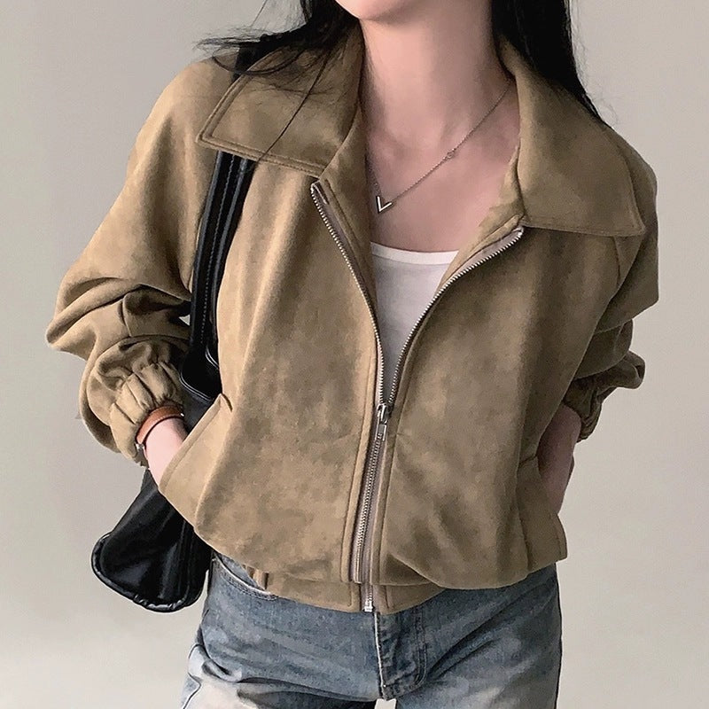 French Vintage Lapel Zip-up Suede Long Sleeves jacket