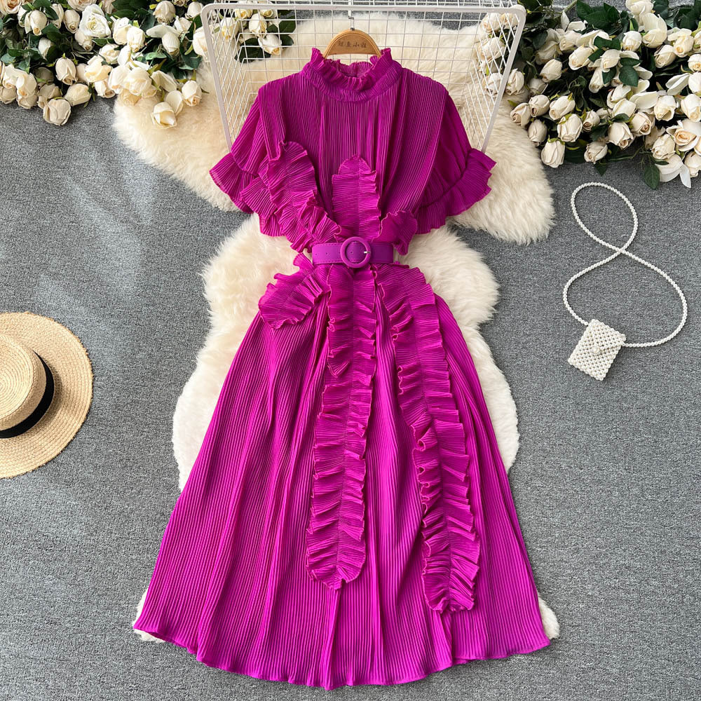 Pleated Ruffled Short Sleeves Dress Seaside Holiday Waist-slimming Long Dress