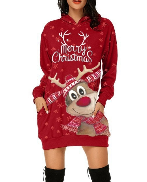 Christmas Women's Casual Elk Printing Long Sleeve Pocket Hooded Sweater Loose Dress