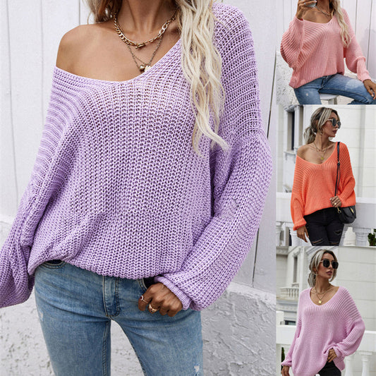 Women's Fashion Casual Solid Color Pullover V-neck Sweater