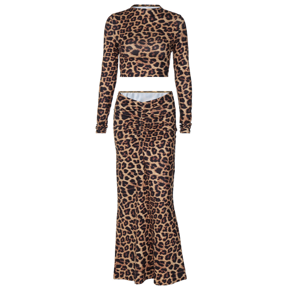 Leopard Print Elastic Pleating Long Sleeve top and Elegant skirt