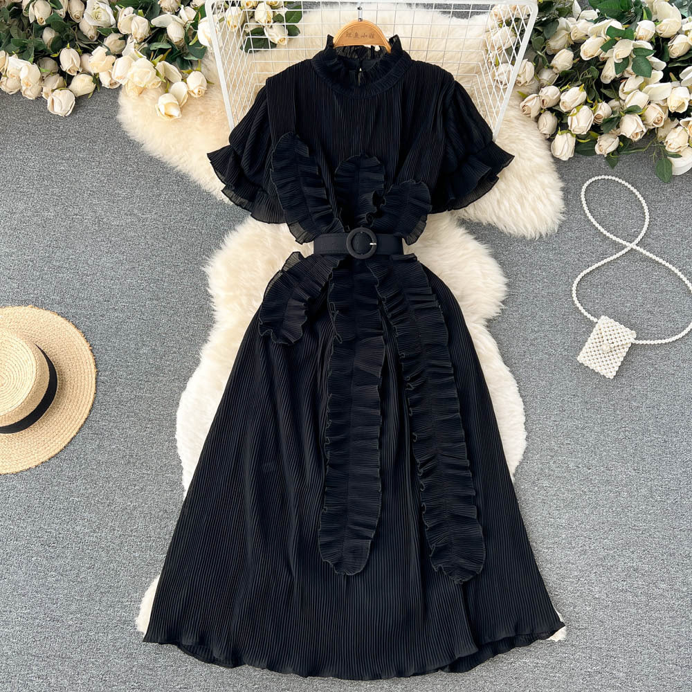 Pleated Ruffled Short Sleeves Dress Seaside Holiday Waist-slimming Long Dress