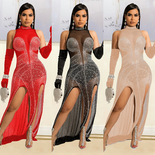 Mesh Hot Drilling See-through Dress Women