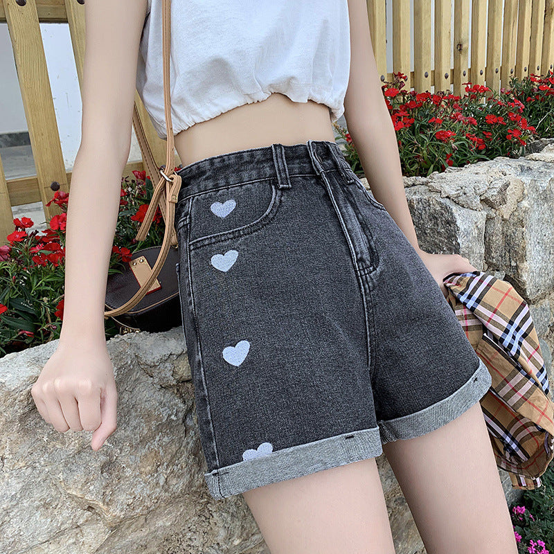 Hearts cute High-Waist Slimming Denim Shorts