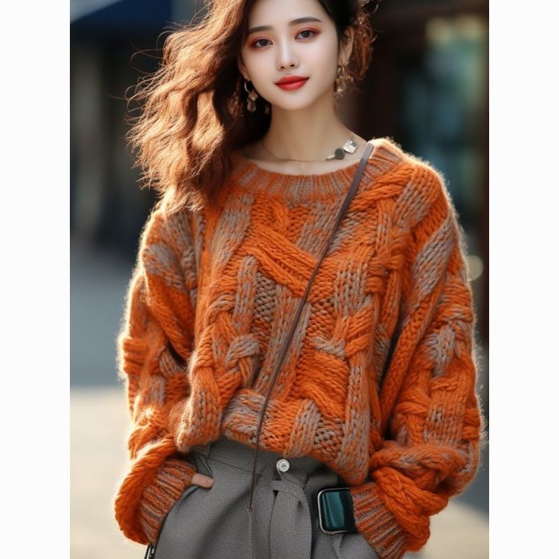 Orange Classic Style Thick Thread Sweater For Women