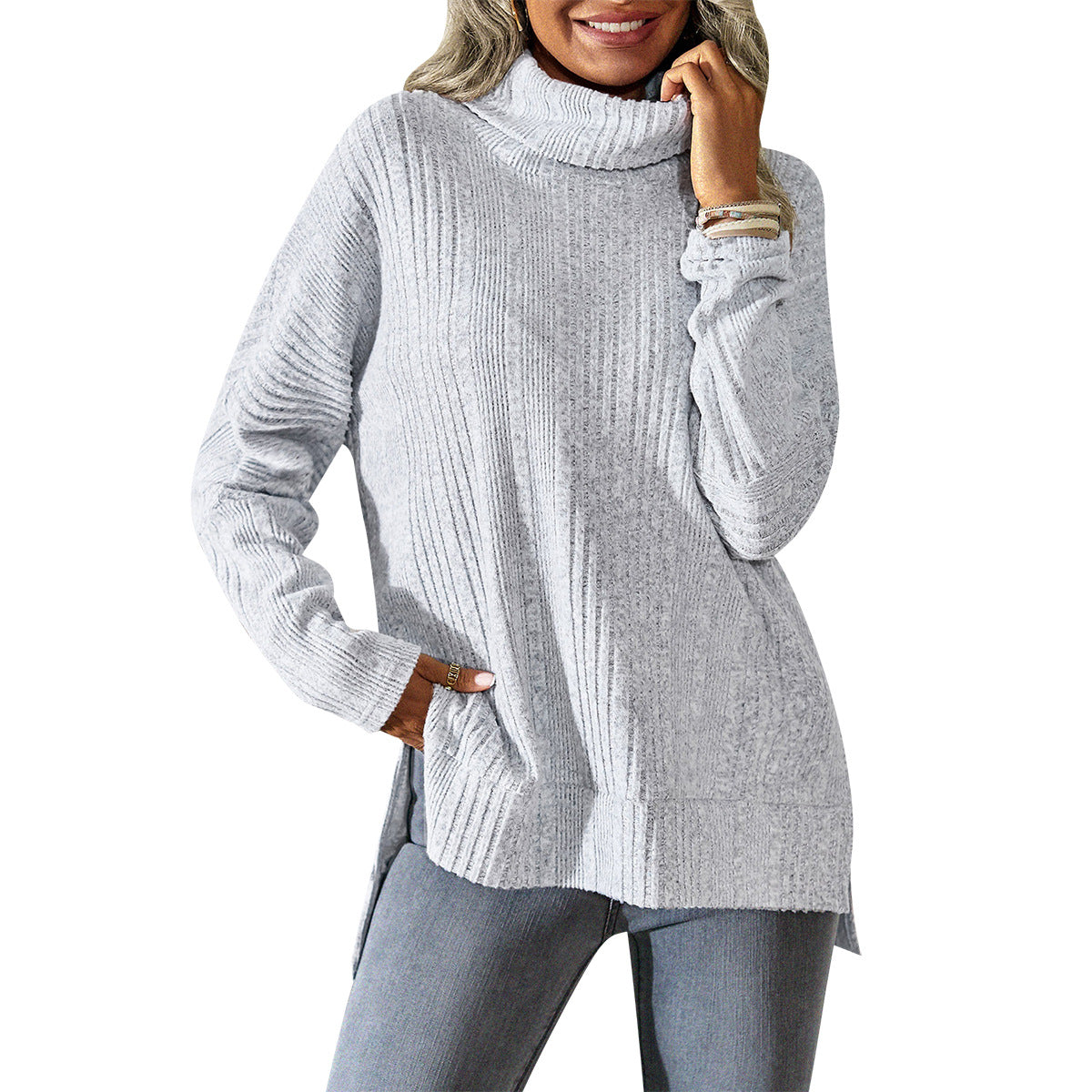 Women's Fashion Casual Turtleneck Fleece Knitted Long-sleeved Top