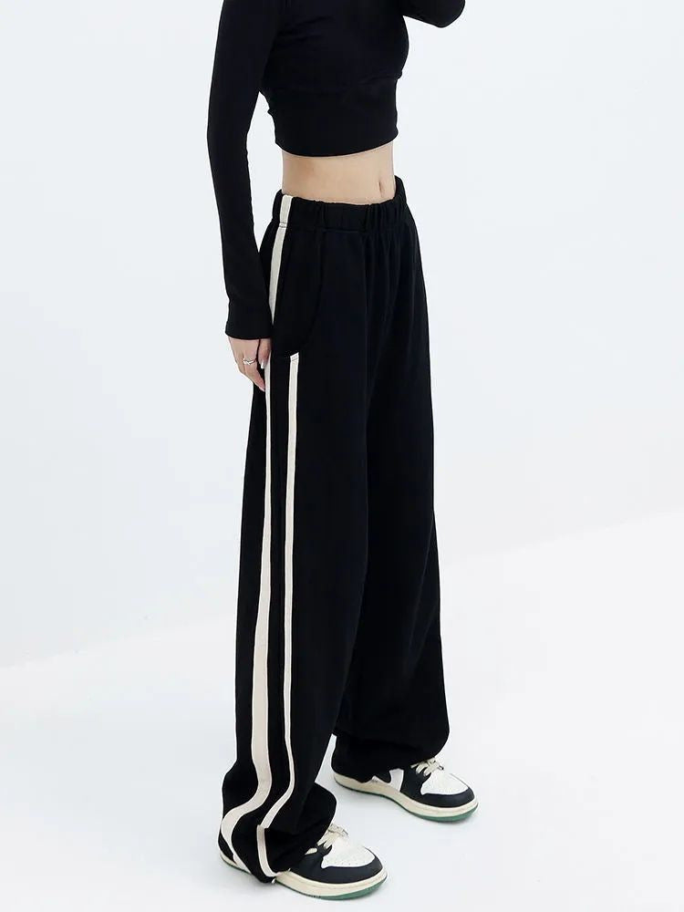 Women's Fashionable Simple Side Striped Loose High Waist Casual Pants