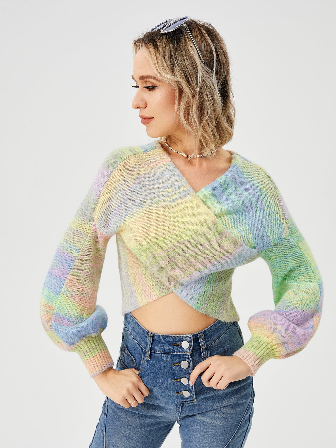 Women's Loose Casual Rainbow Stretch Off Shoulder Sweater