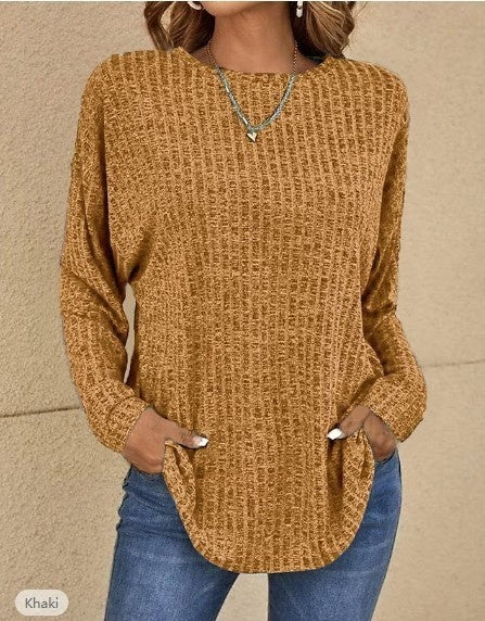 Knitted Round Neck Sunken Stripe Sweater