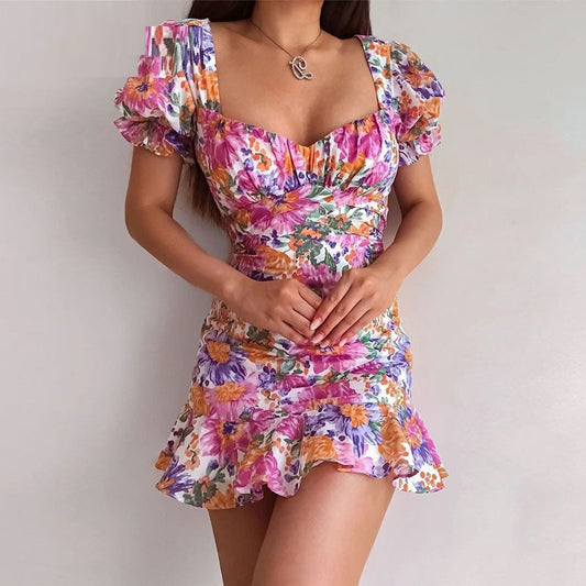 Fashion Ladies Printed Crinkle Ruffle Mini Skirt dress