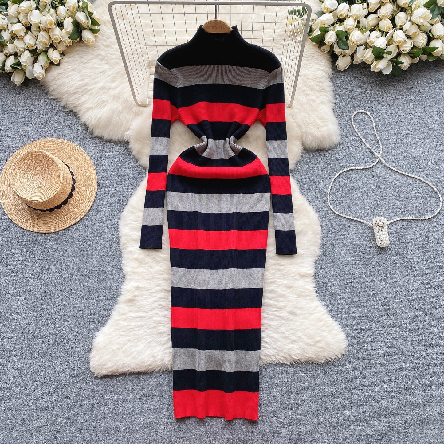 Knitted Dress Women's Mixed Color Stripe