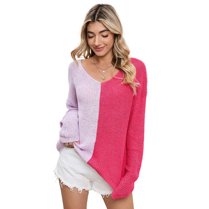 Women's Contrast Color V-neck Long-sleeved Pullover