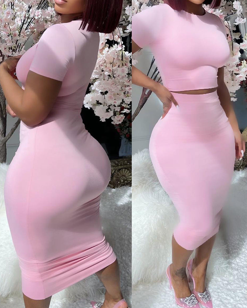 Solid Color Short Sleeve Top Suit Tight Midi Dress