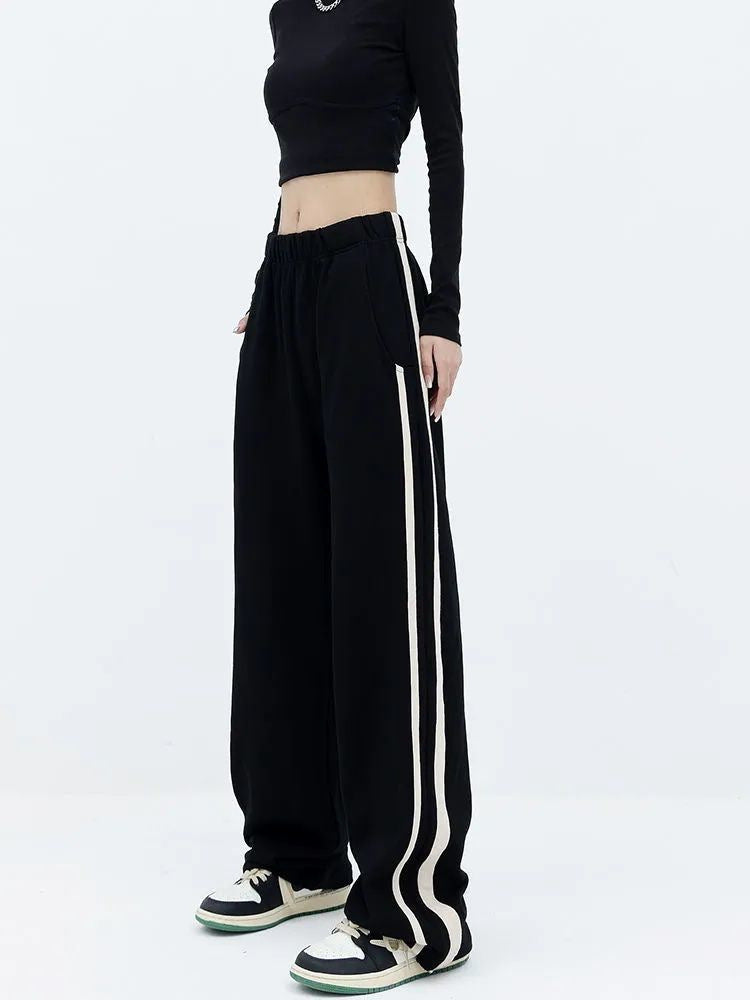 Women's Fashionable Simple Side Striped Loose High Waist Casual Pants